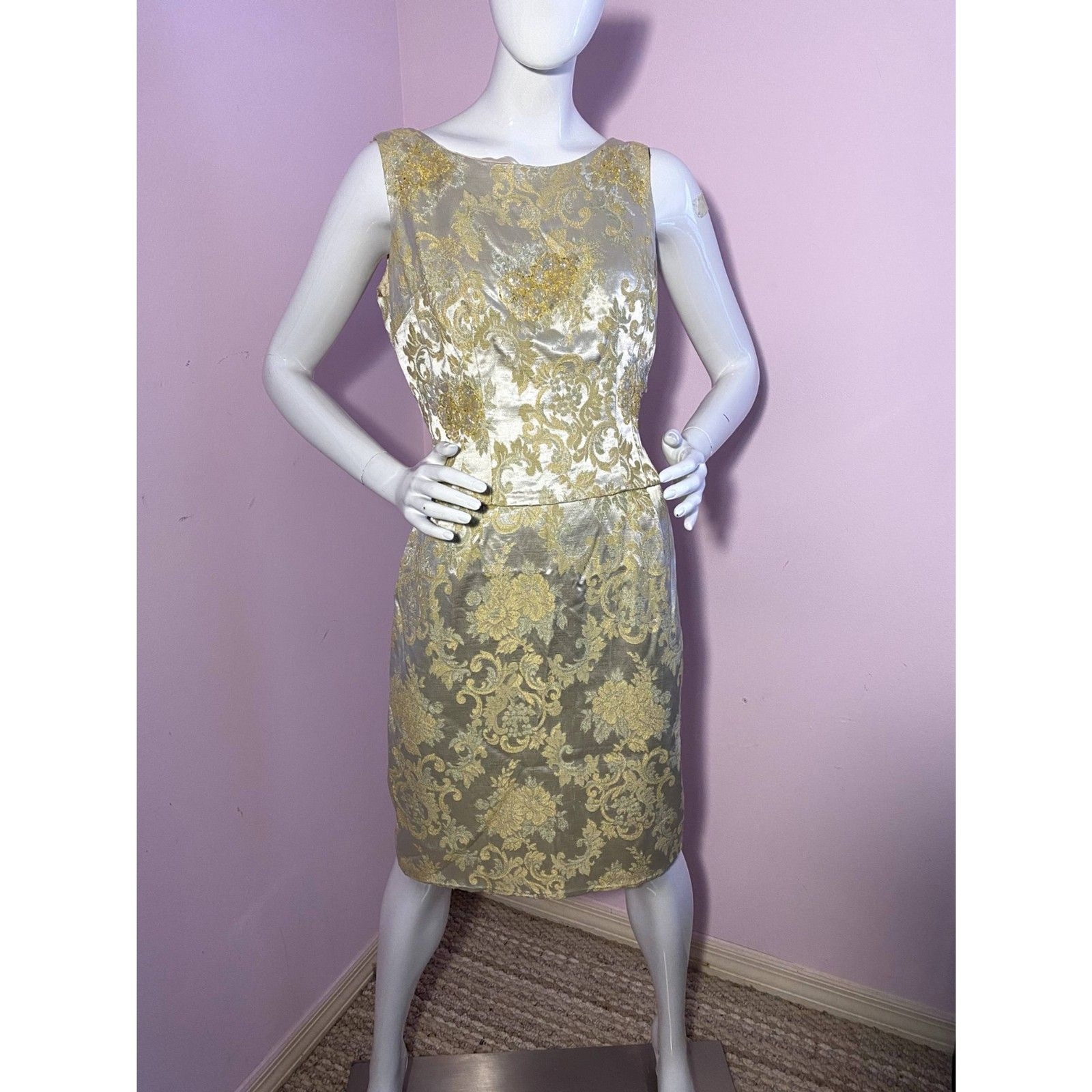 VTG Cocktail Dress Mad Men Sequin Brocade 2-piece Bombshell Gold