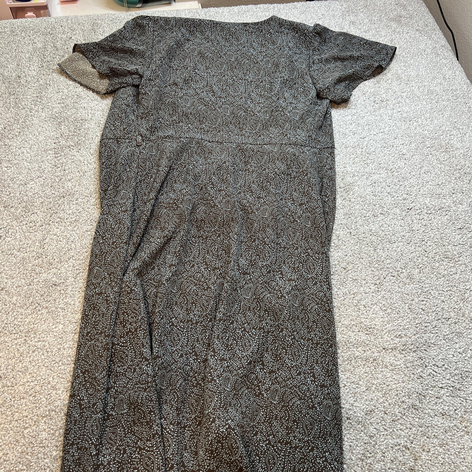 Mod Ref Dress Womens Small Green Paisley Midi Belted Short Sleeve Boho V Neck