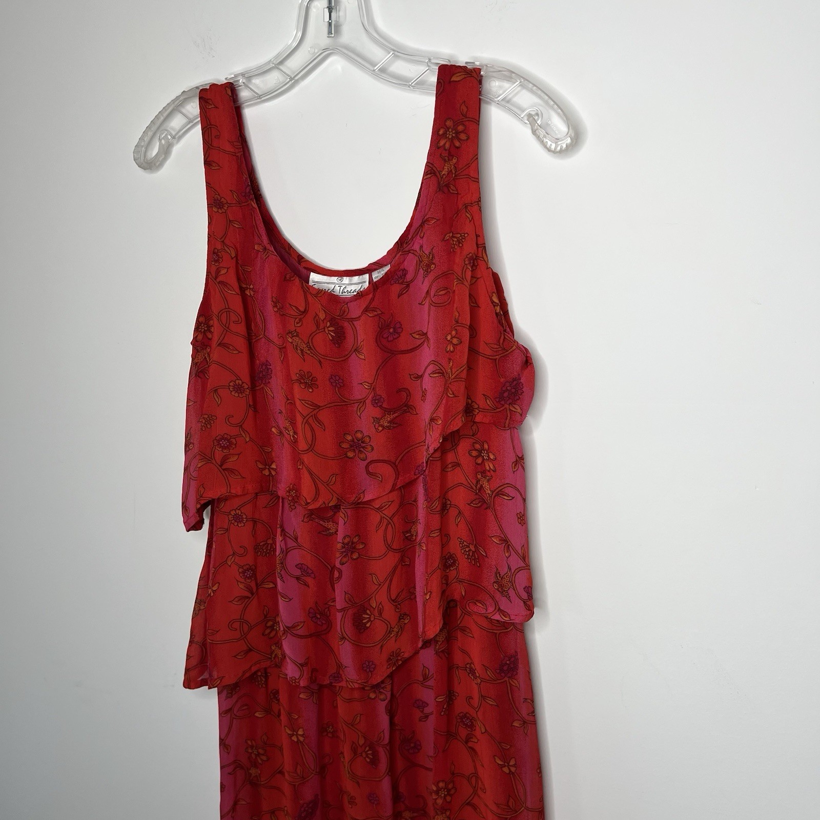 Sacred Threads Dress Womens M/L Red Chiffon Floral Boho Layered Festival India