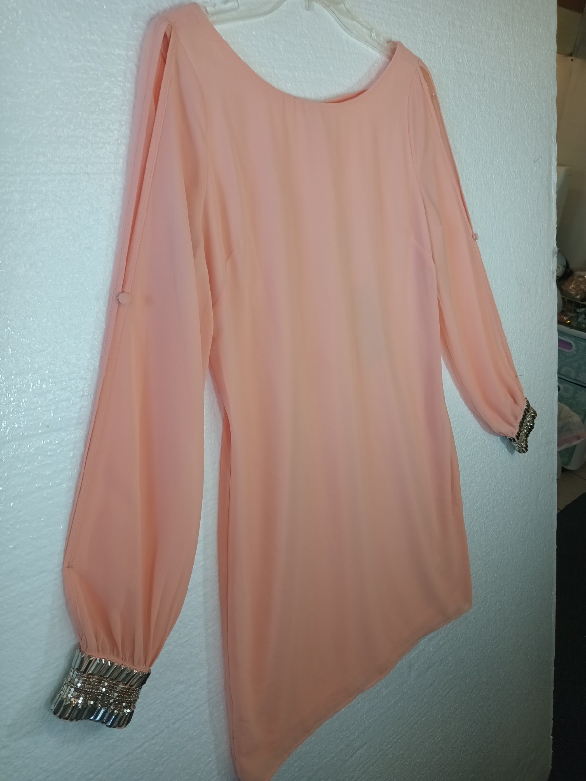 Alya Sheer Long Sleeve Shirt Dress Size Small Bling Snap Cuffs Tie Back