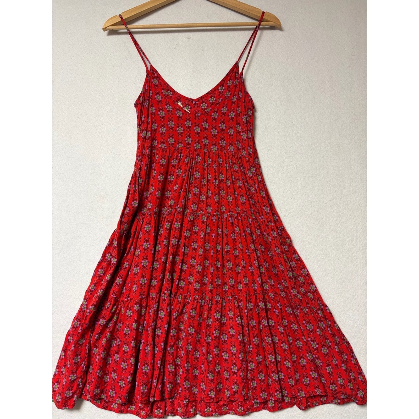 Live Happy by Natural Life Red Boho Floral Tiered Swing Sundress Size XS/S