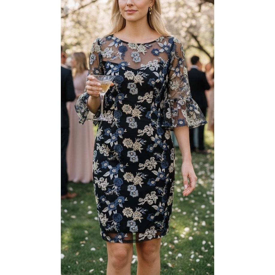 ADRIANNA PAPELL DRESS 8 BLUE COCKTAIL PARTY EVENING EMBROIDERED WEDDING GUEST