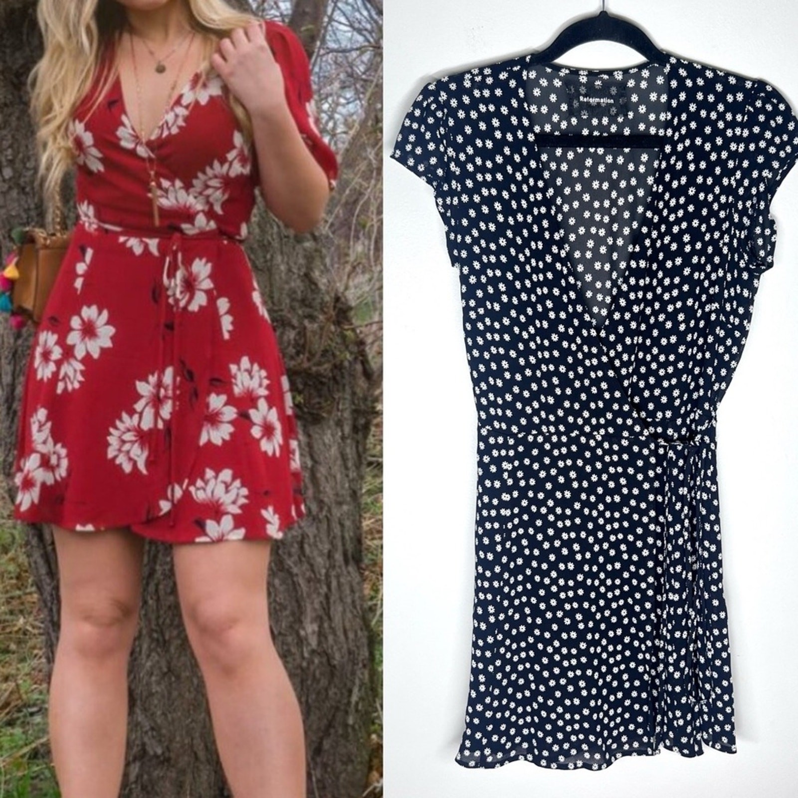 Reformation Adele Mini Wrap Ditsy Floral Dress Black Sz XS