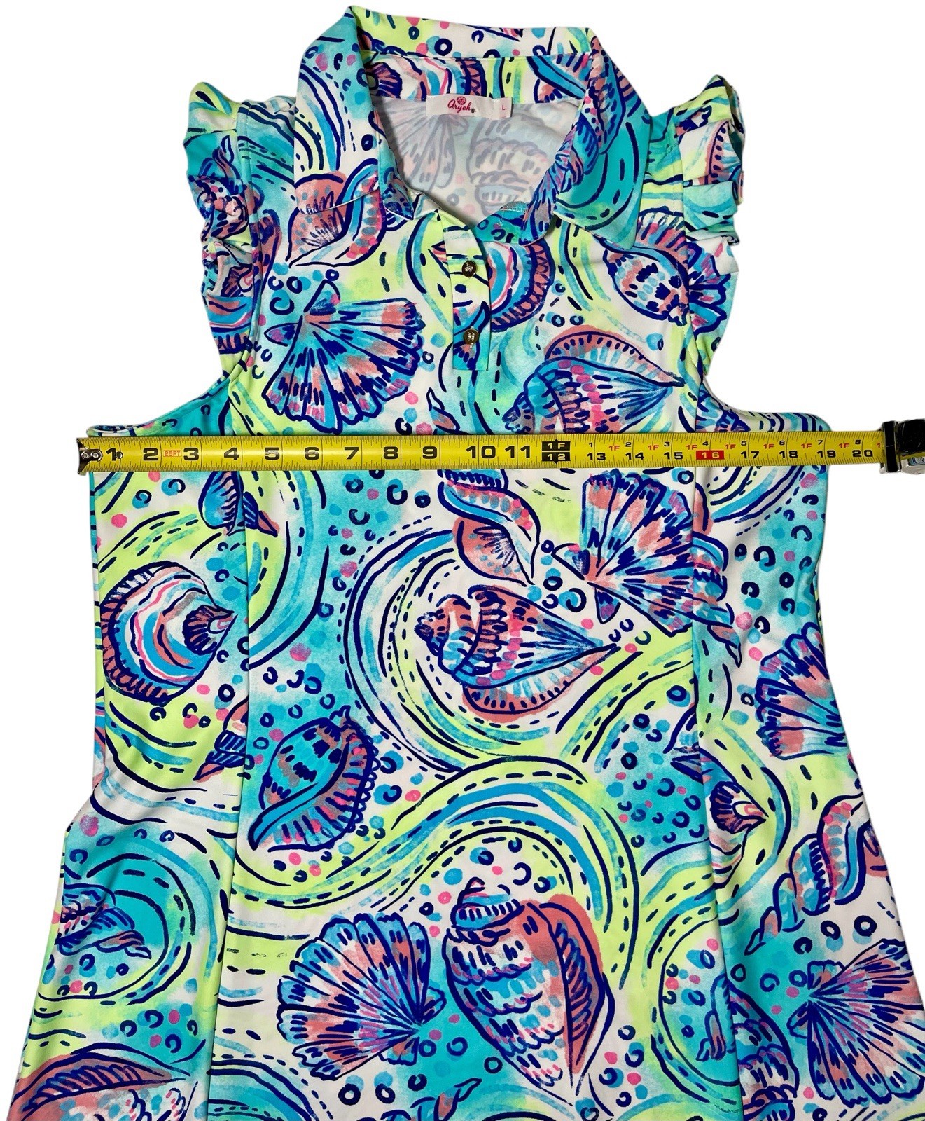 Aryeh Women’s Nautical Sea Shells Dress Sz Large Sleeveless Blue Green