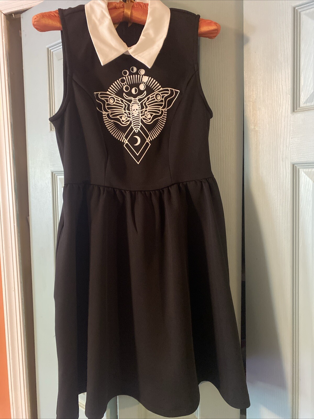 HOT TOPIC Death Moth Dress S Collared Sleeveless Black White Goth Street Party