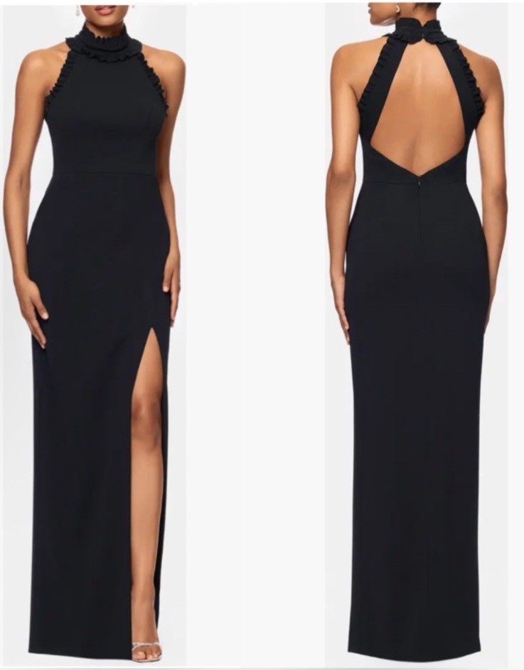 Xscape Ruffle Trim Mock Neck Evening Gown Black Dress Slit Front Sz 8Petite NWT