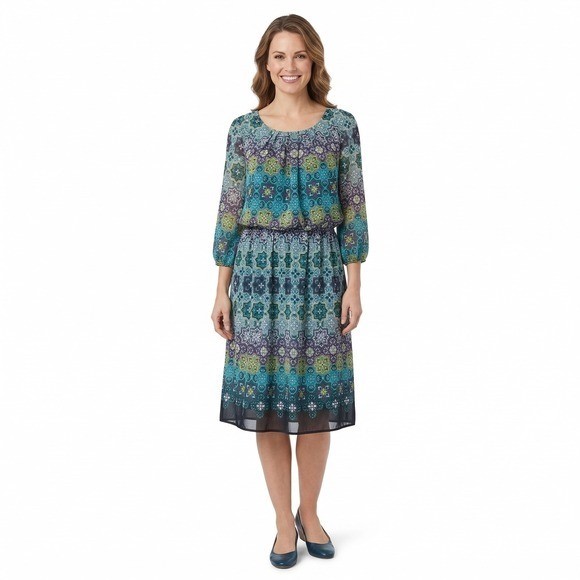 Cato Woman Blue Teal Geometric Mosaic Print Blouson Midi Dress Size 14/16W