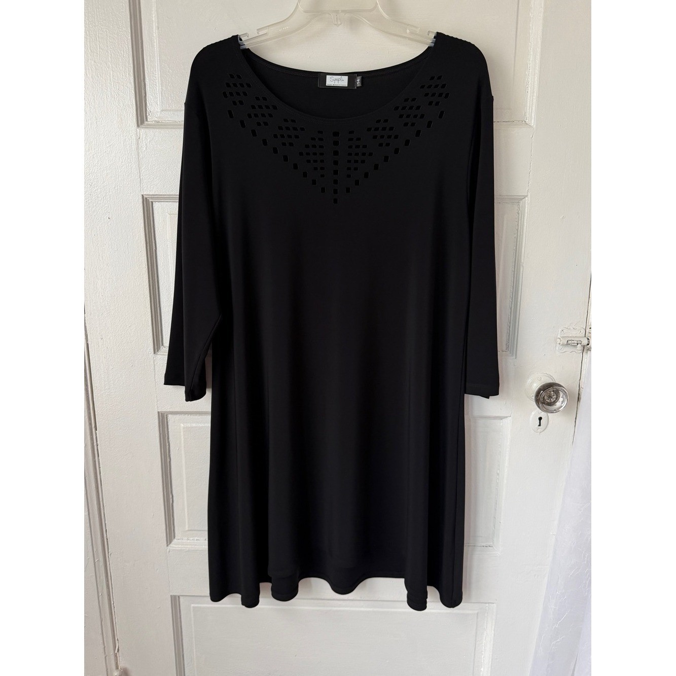 Sympli Black Swing Dress Laser Cut Neckline Classic Minimalist Lagenlook 14