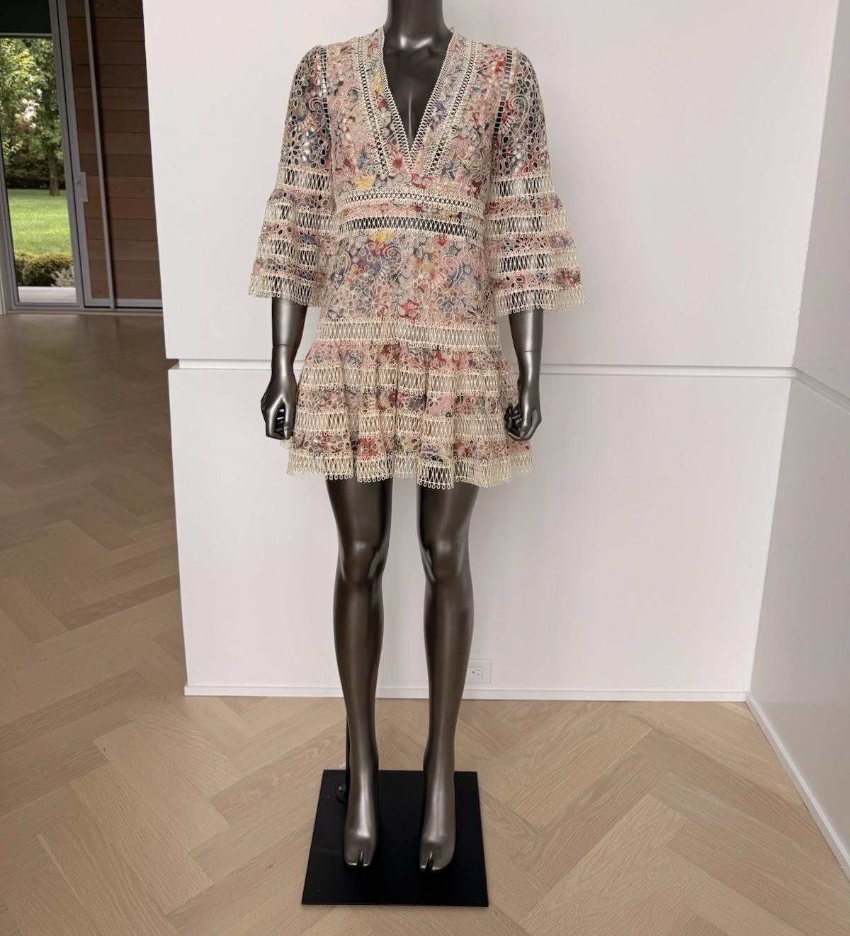 ZIMMERMANN Floral Lace V-Neck 3/4 Bell Sleeve Multicolor Mini Dress 1