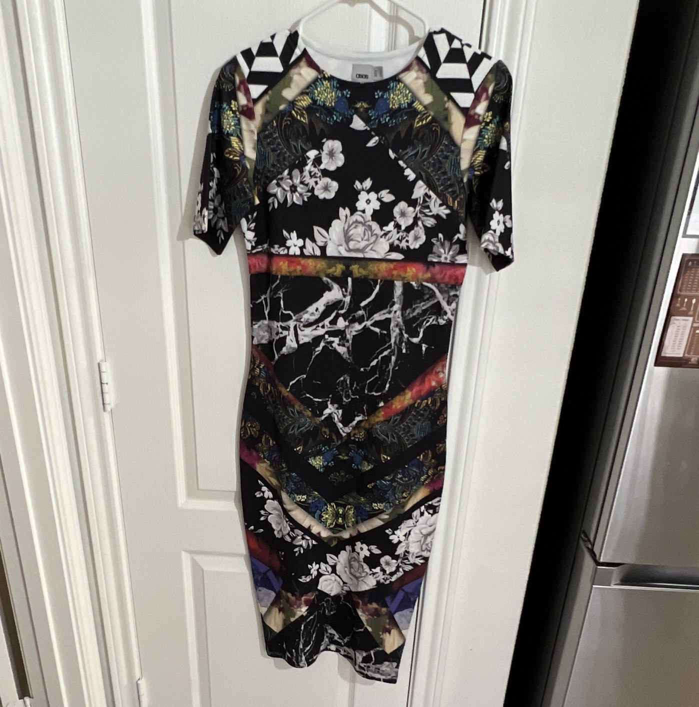 ASOS Dress 4 / UK 8 Black Multi Marble Floral Geo Scuba Bodycon Midi Short Sleev