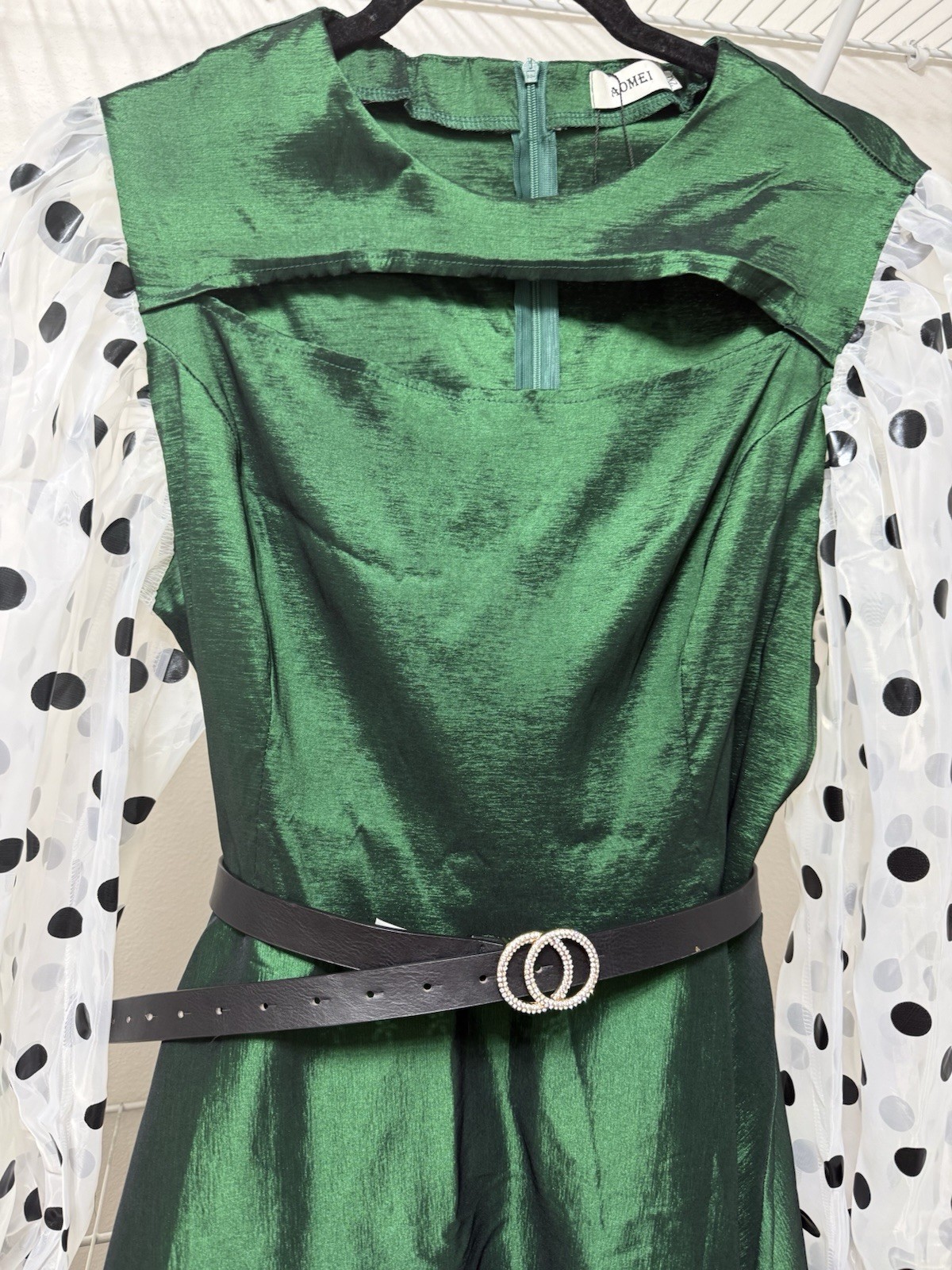 AOMEI Green Satin Midi Dress Polka Dot Sheer Balloon Sleeves Belt Party