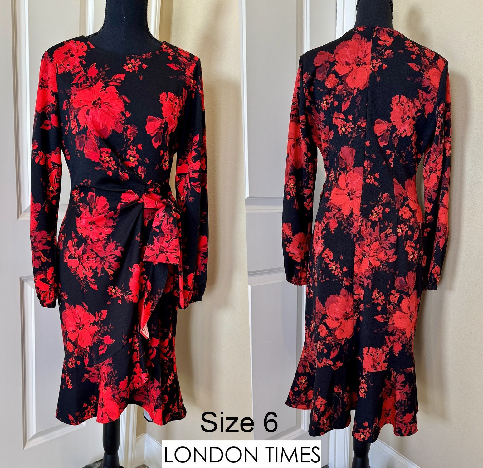 NWT London Times Black Red Floral Side Tie Ruffle Hem Dress Size 6