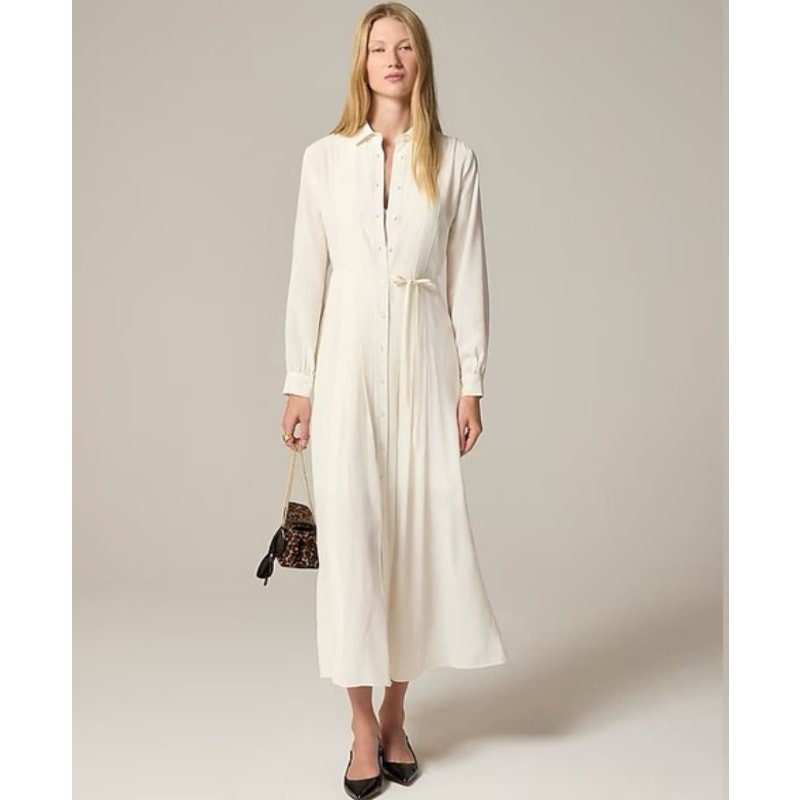 J.Crew Drapey Pleated Shirt Dress WMNS 8 Cream Slip Lining Button Up Long Sleeve