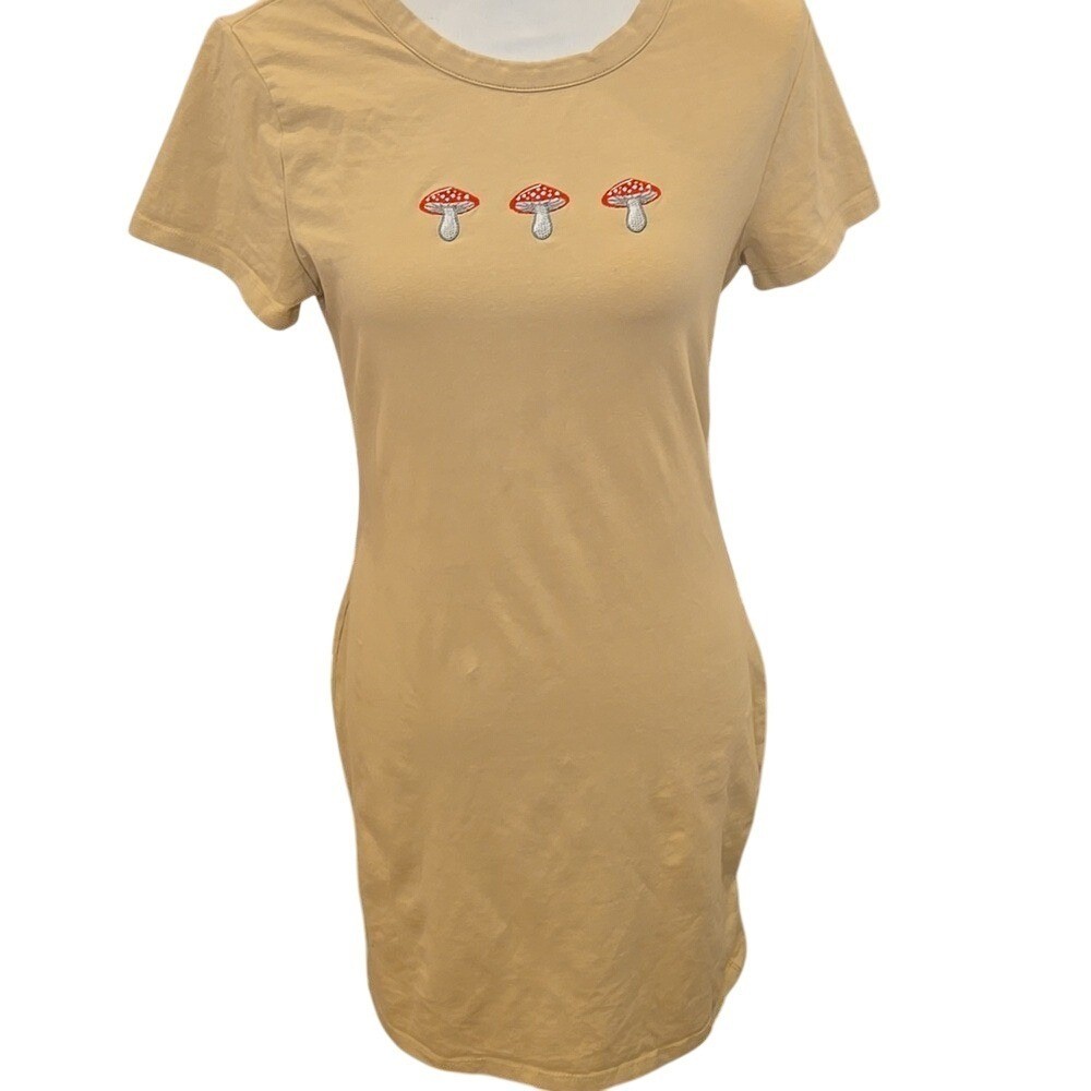 Rebellious One Tan Short Sleeve Fitted Jersey Mushroom Print Dress – Size Medium