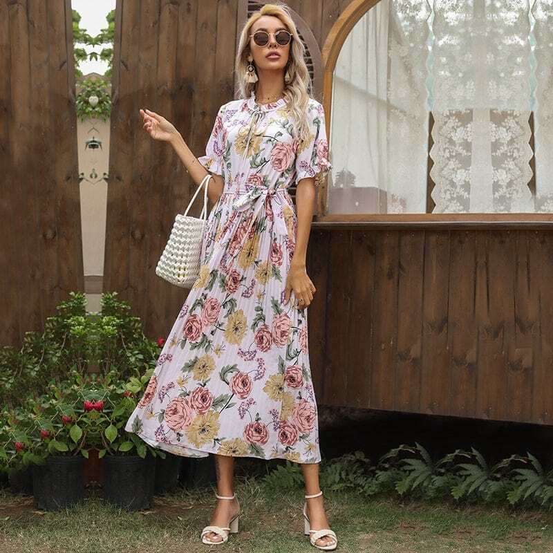 Ruffle Neck Pleated Dress