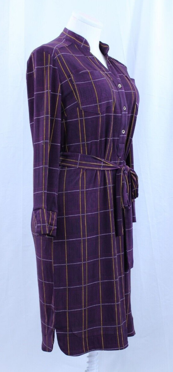 Donna Morgan Dress Purple Yellow Plaid Chest Pockets Waist Tie Buttons Sz 4