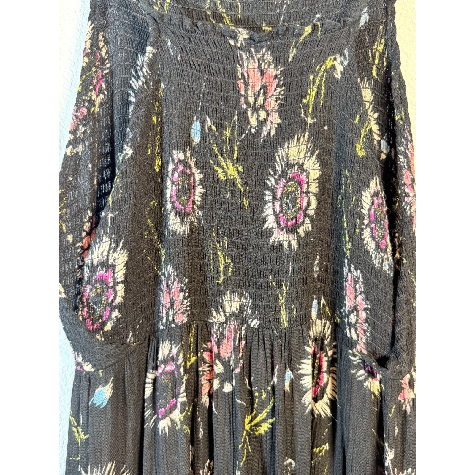 Free People Intimately Maxi Dress Floral Smocked Tie Strap Boho Womens LG Black