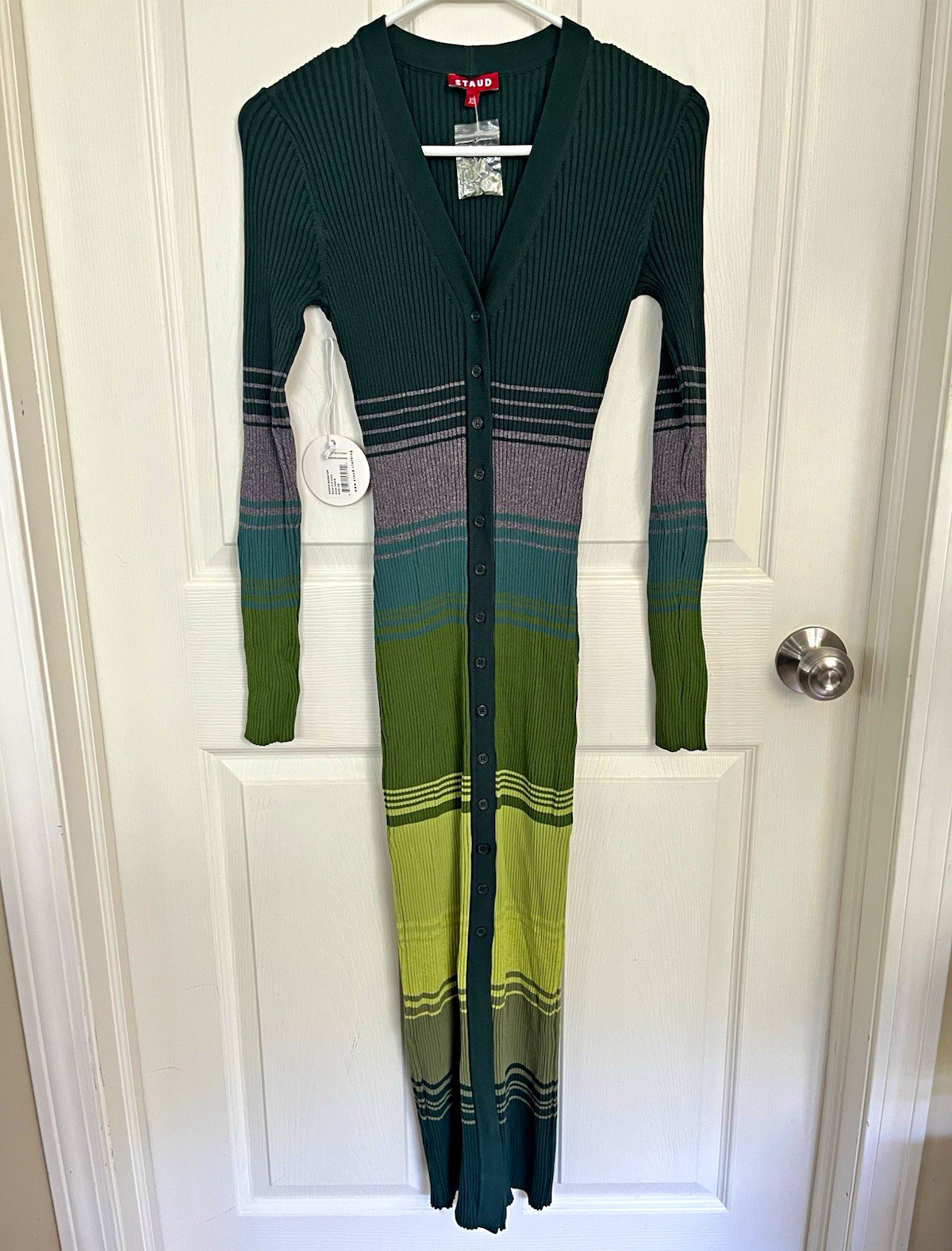 STAUD Shoko Sweater Dress XS Green/Gray Knit Striped V-Neck Button-Front NWT
