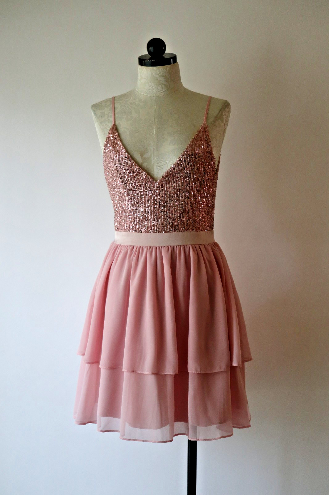 Storia Pink Metallic Sparkle Sequin Chiffon Ruffled Babydoll Mini Dress Women S
