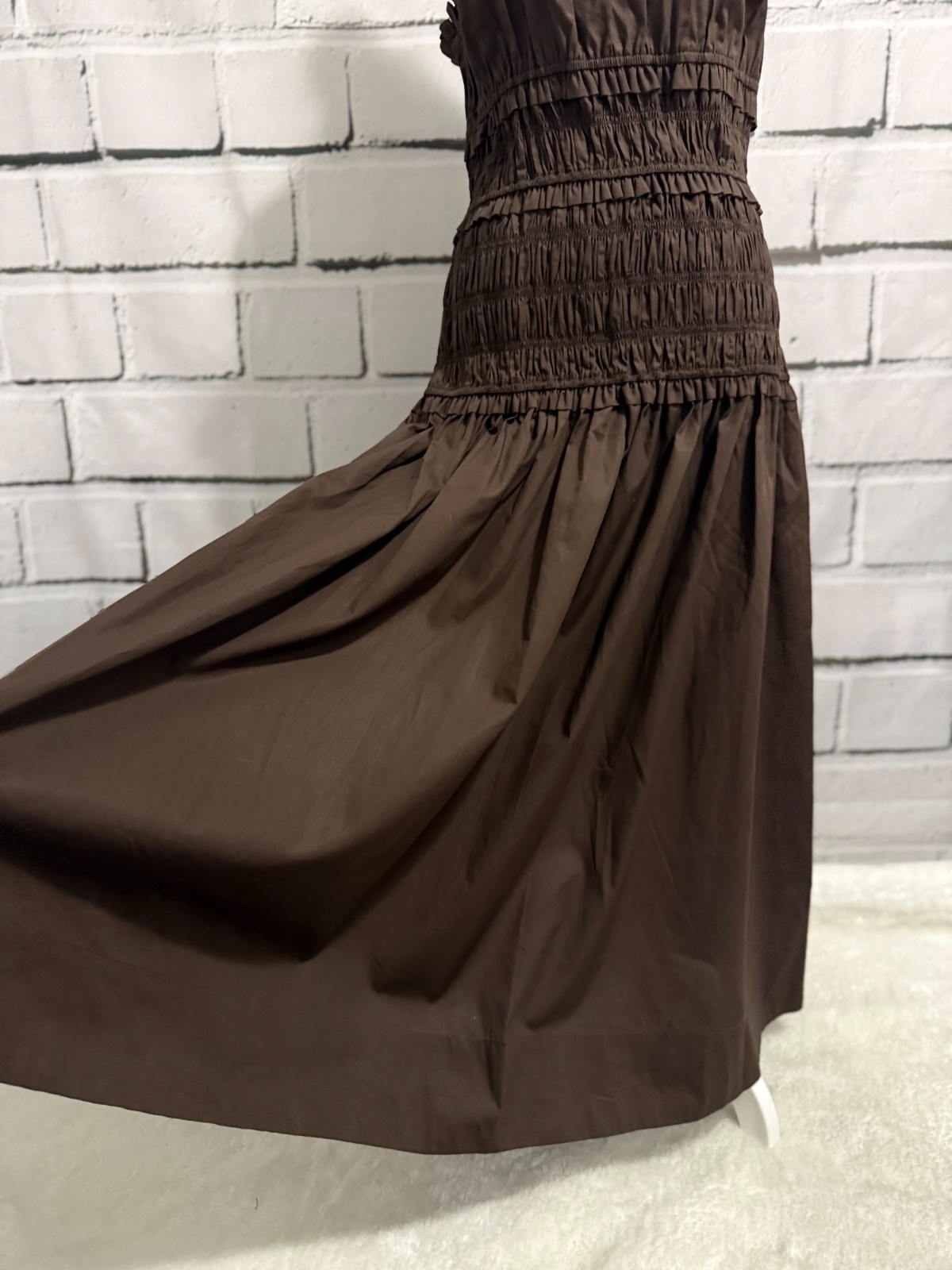 NWT Caroline Constas Brown Smocked Cotton Midi Dress Ruffle Straps S