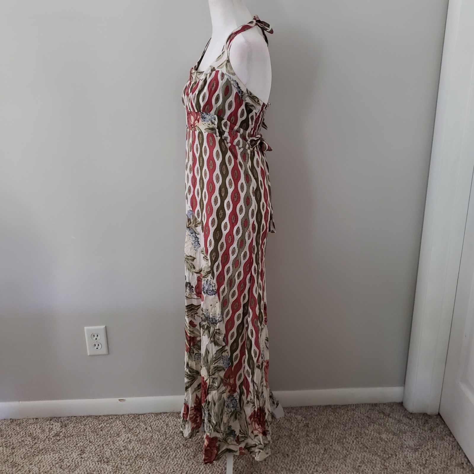 Sacred Threads Boho Hippie Maxi Dress MED Patchwork Artsy Empire Halter Vacation
