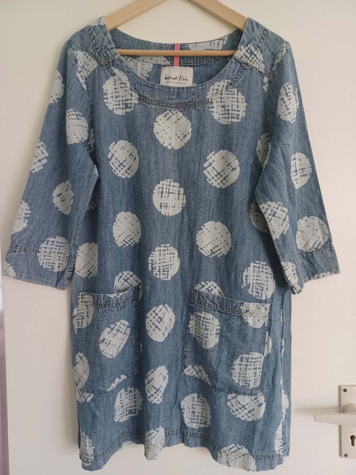 Weird Fish Cool Denim Blue Tunic Dress With White Spots Size 14 Great Condition