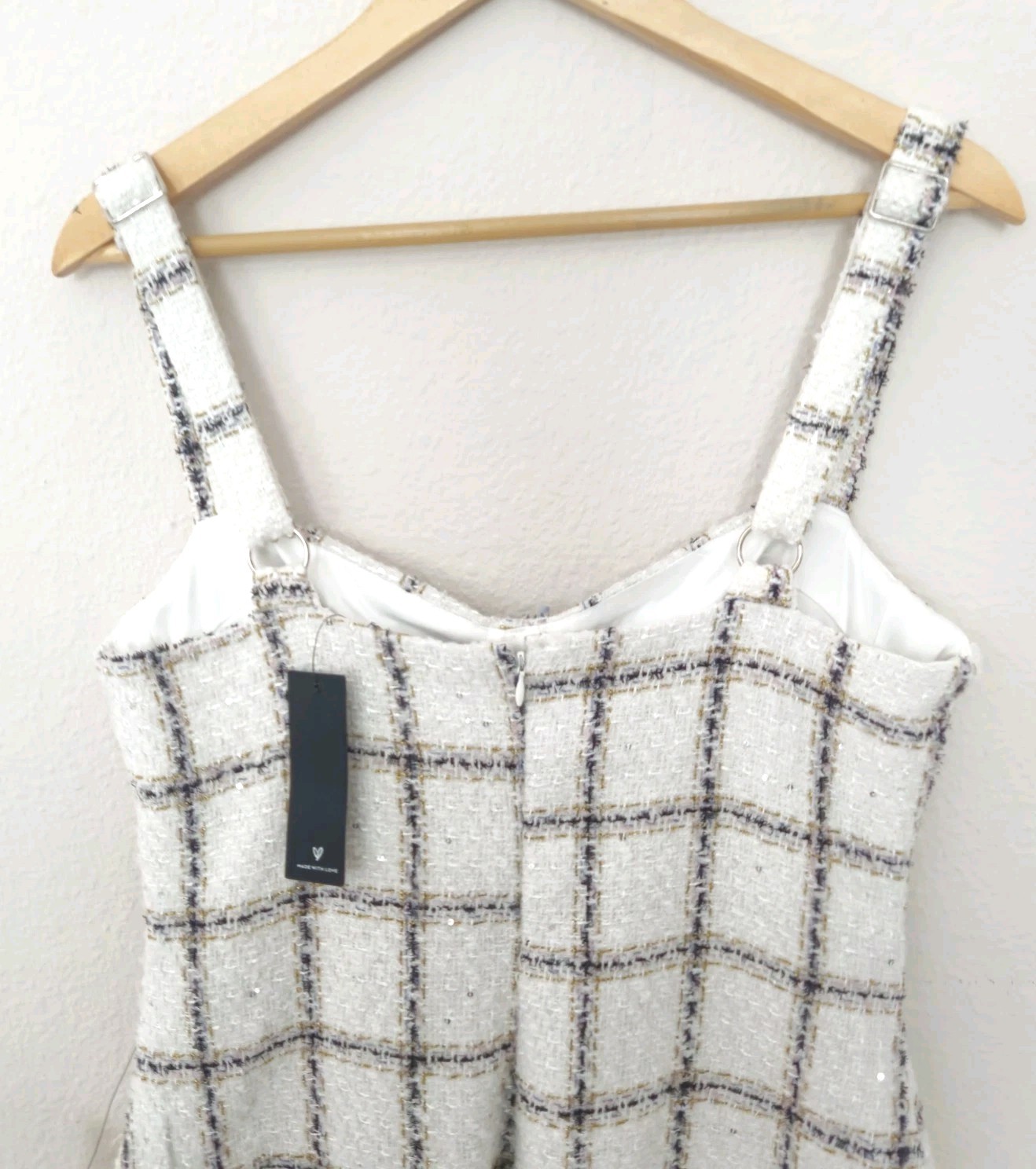 Lulu’s Elevated Delight White Plaid Tweed Bustier Midi Sheath Dress Sz Large