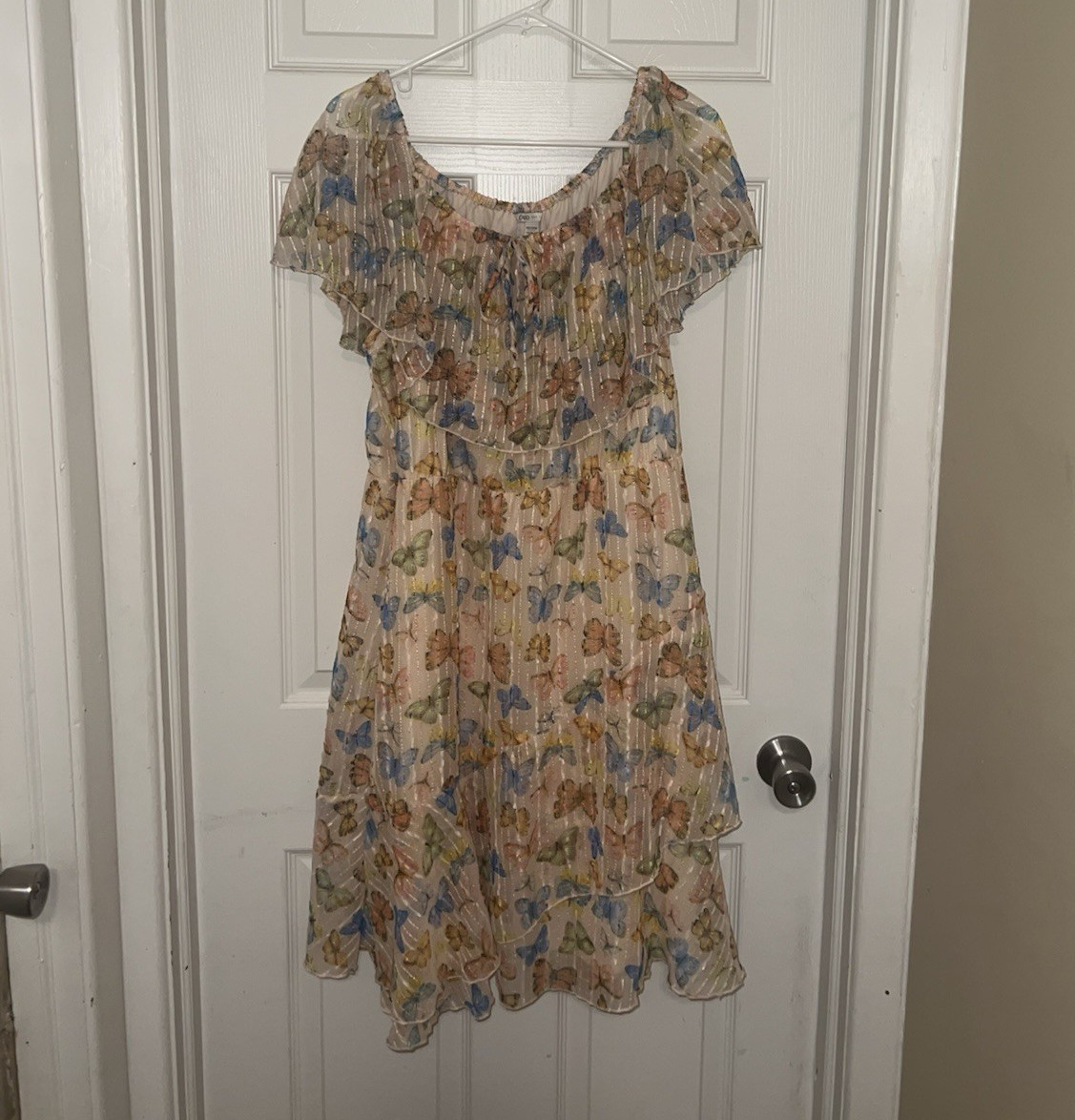Cato 18/20W Y2K Butterfly Yellow Off Shoulder Fit & Flare Knee Dress Ruffle Bow