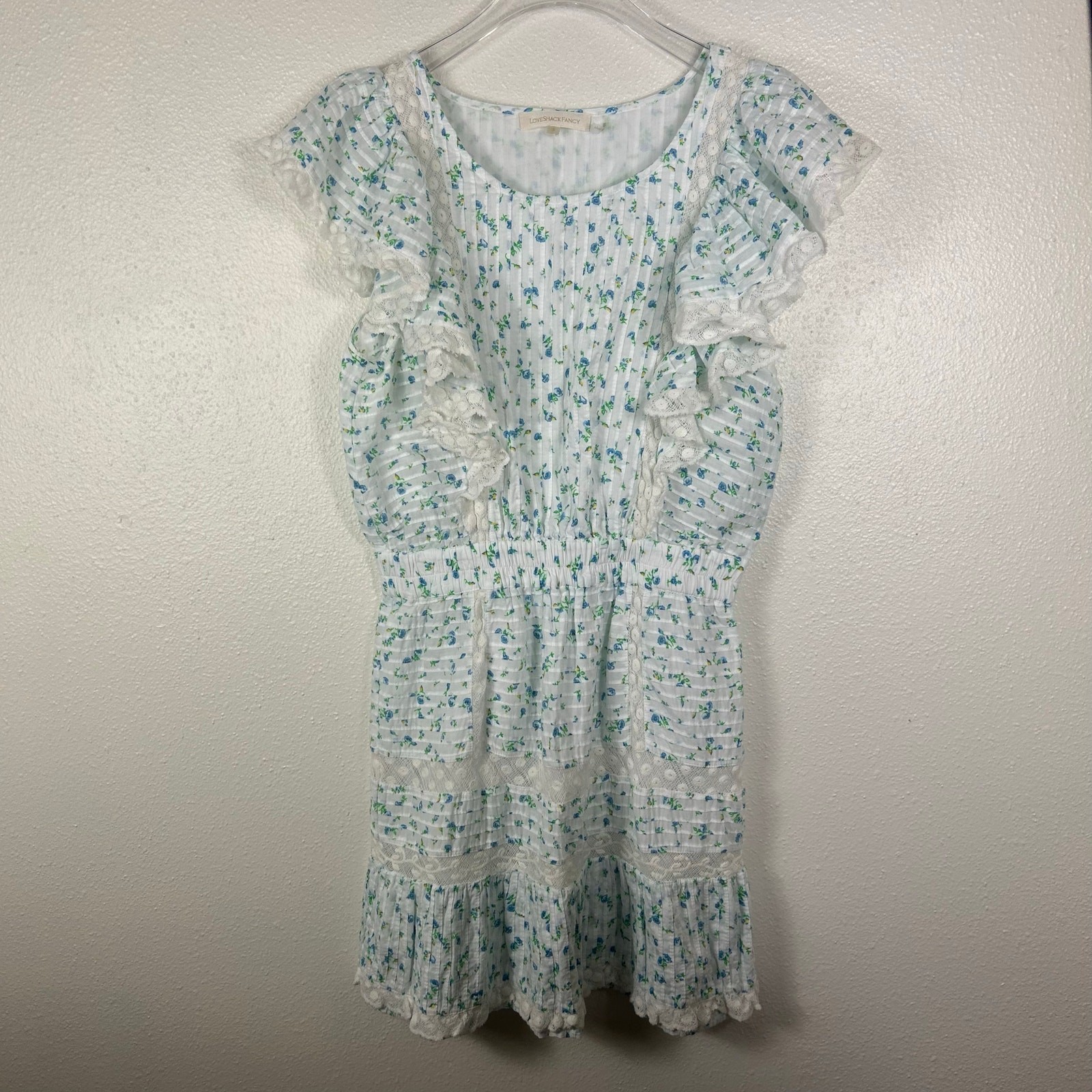 LoveShackFancy Roberta Floral Ruffle Mini Dress Bonnet Blue Small Coquette