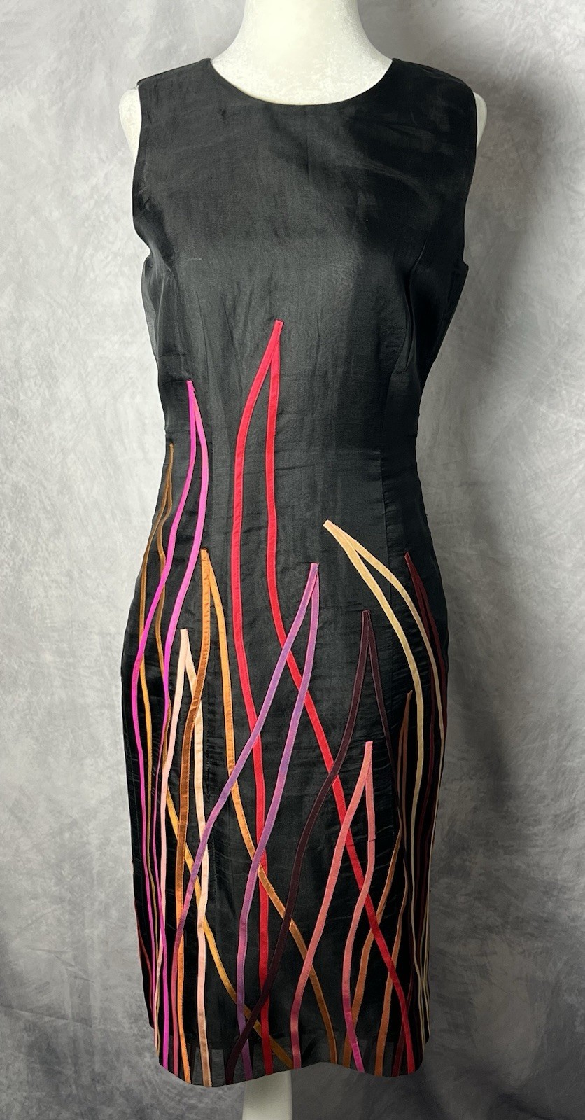 Chula Spain 100% Silk Black Sheath Ribbon Applique Art Dress Size S
