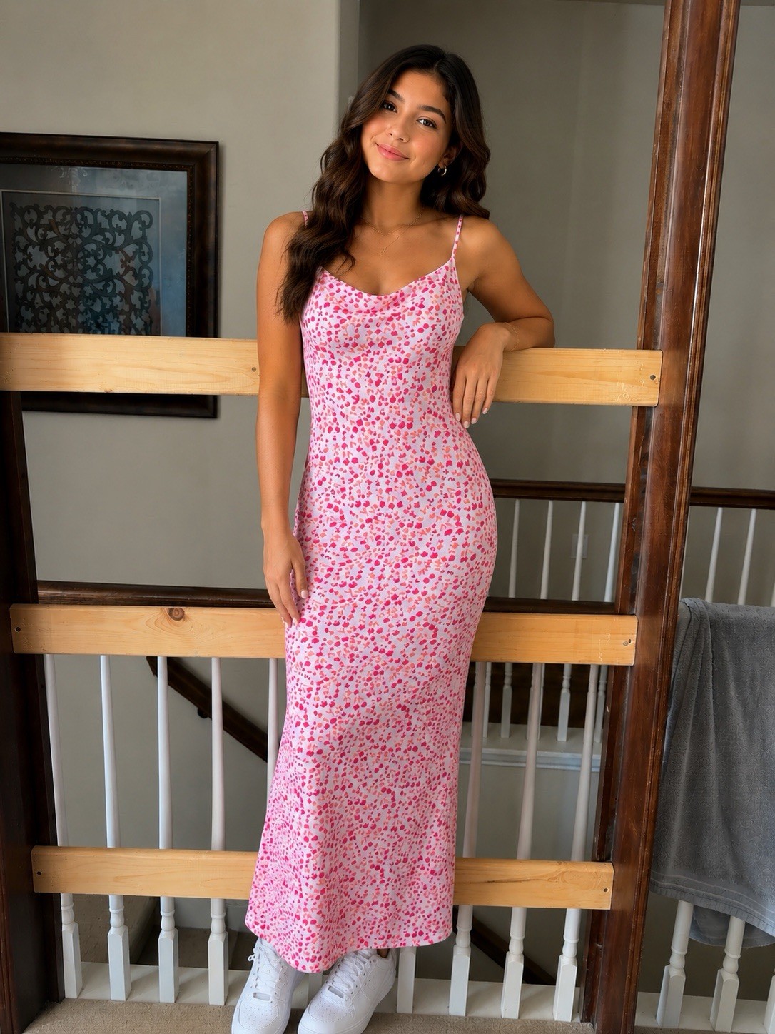 SheIn Pink Cherry Floral Slip Dress S Midi Adjustable Straps Scoop Neck