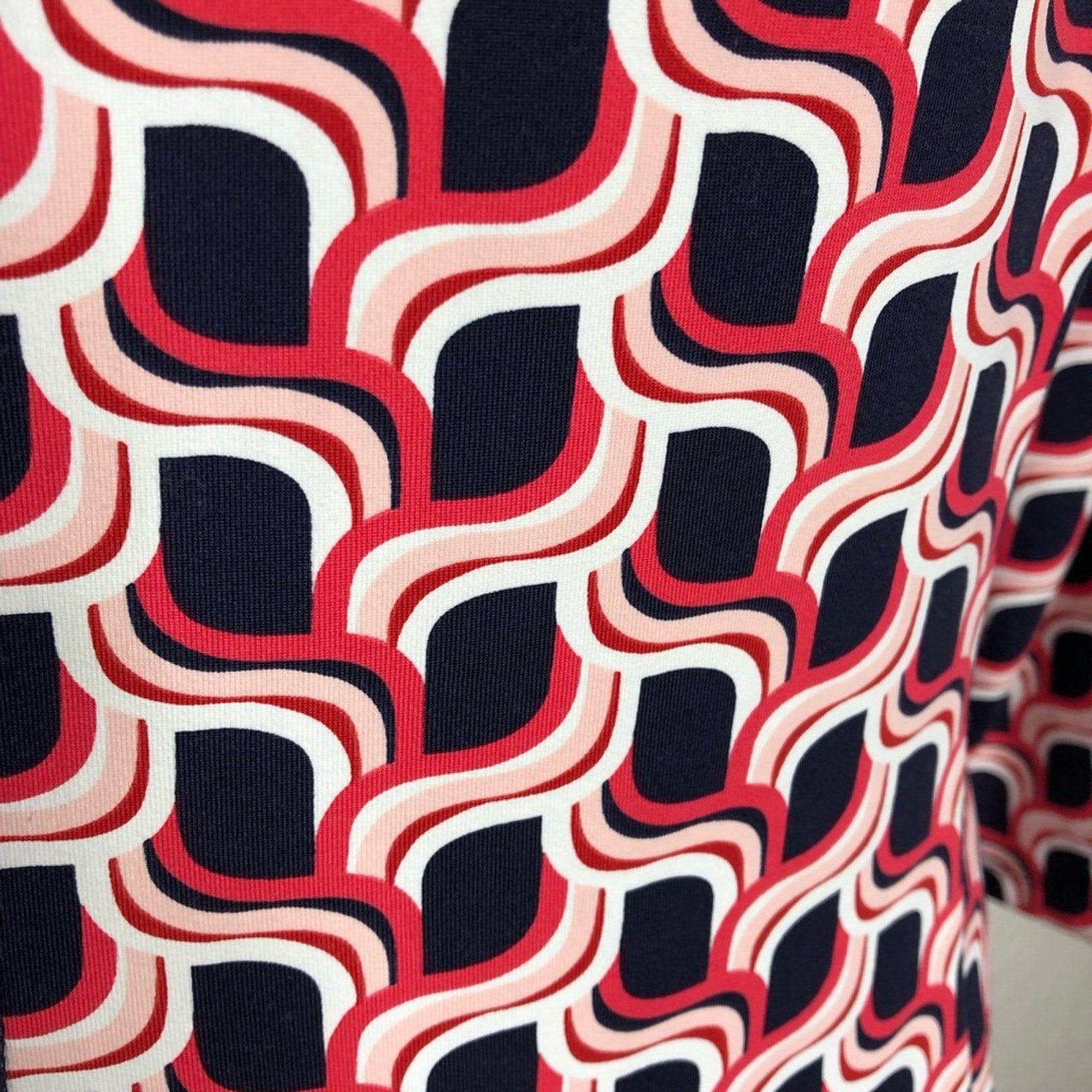 Talbots navy pink white geometric print faux wrap midi dress size Medium