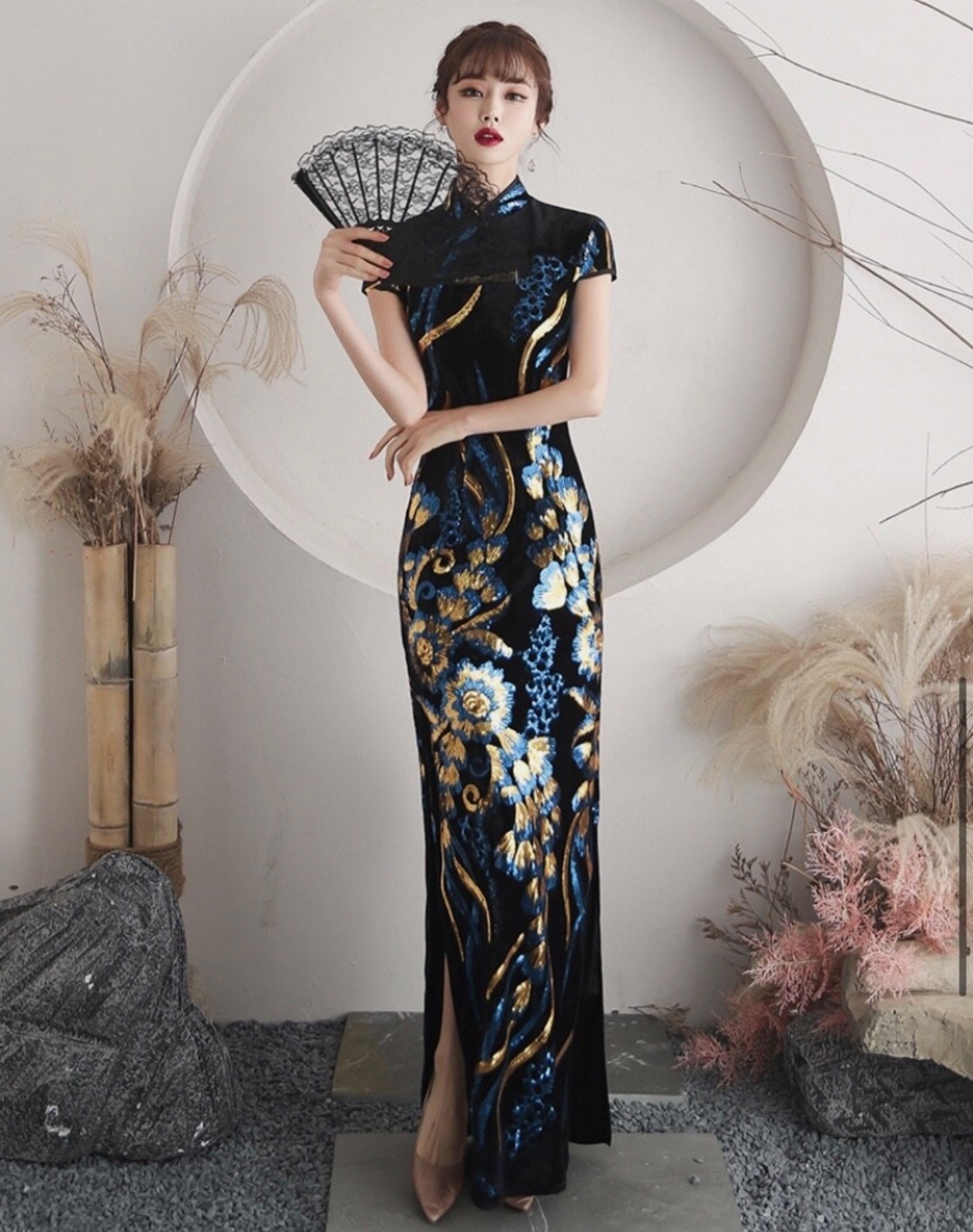 Women Luxurious Black Royal Floral Chinese Sequin Long Dress Cheongsam Qipao XL