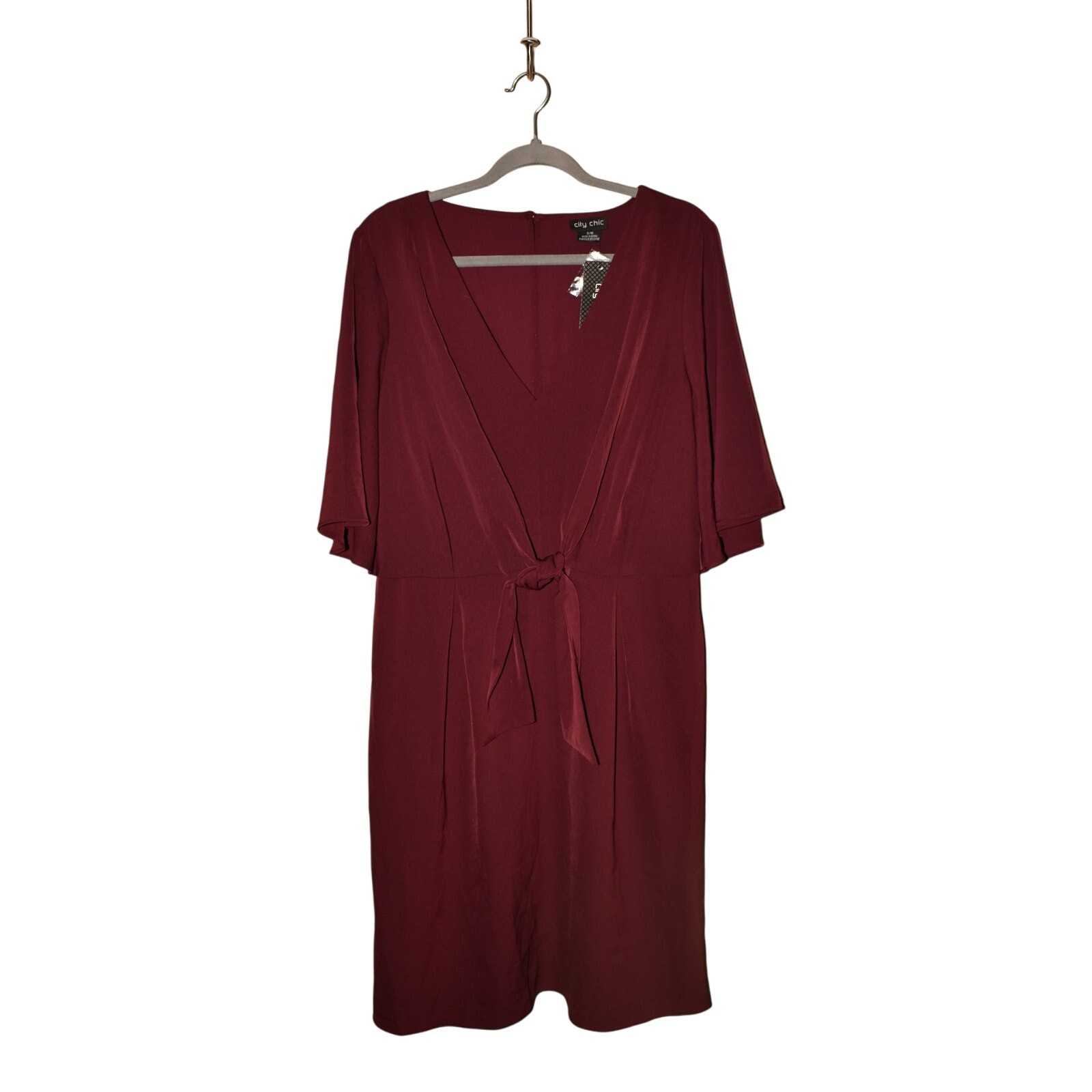 CITY CHIC NEW $130 Burgundy Knotted Front V-Neck A-Line Dress S / US 16