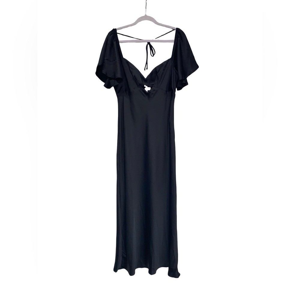 Billy J Black Satin Flutter Sleeve Maxi Dress Sweetheart Cutout Back Tie