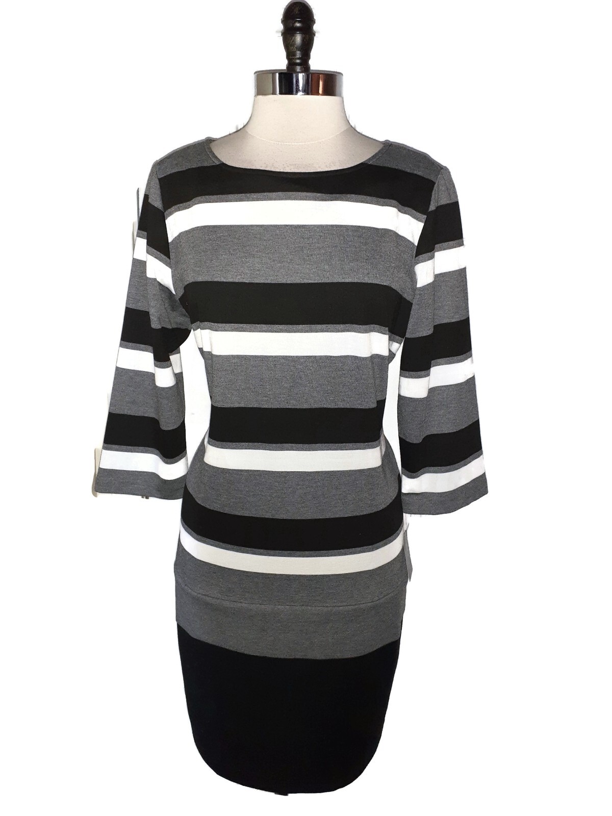 NEW RONNI NICOLE Size 16 Sheath Dress Black Ivory Grey 3/4 Sleeve Ponte Knit
