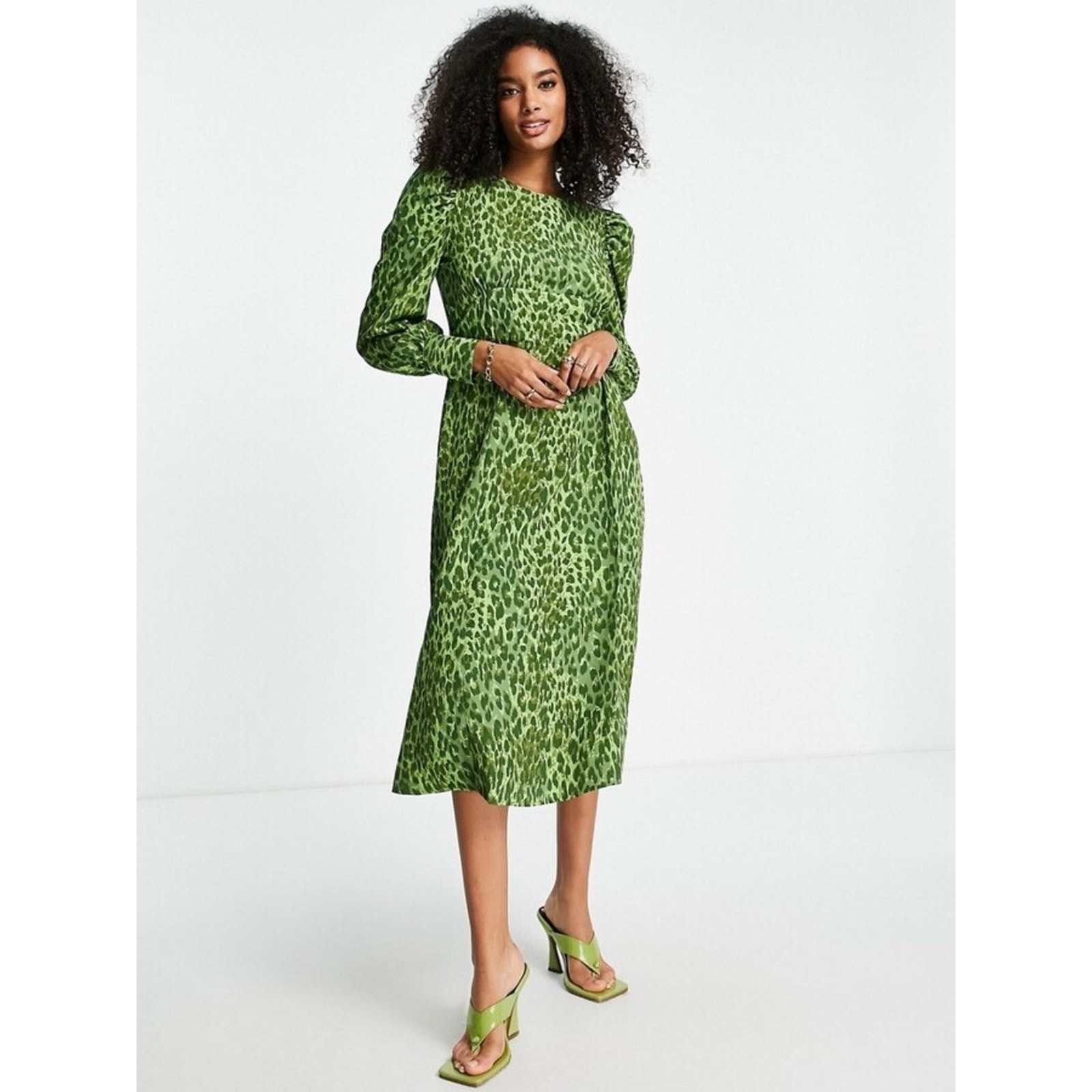 Vila Green Leopard Print Long Sleeve Empire Waist Dress Small