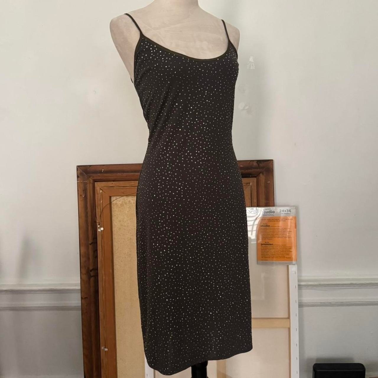 Vintage Betsey Johnson New York Olive Green Sequin Midi Slip Dress 90s