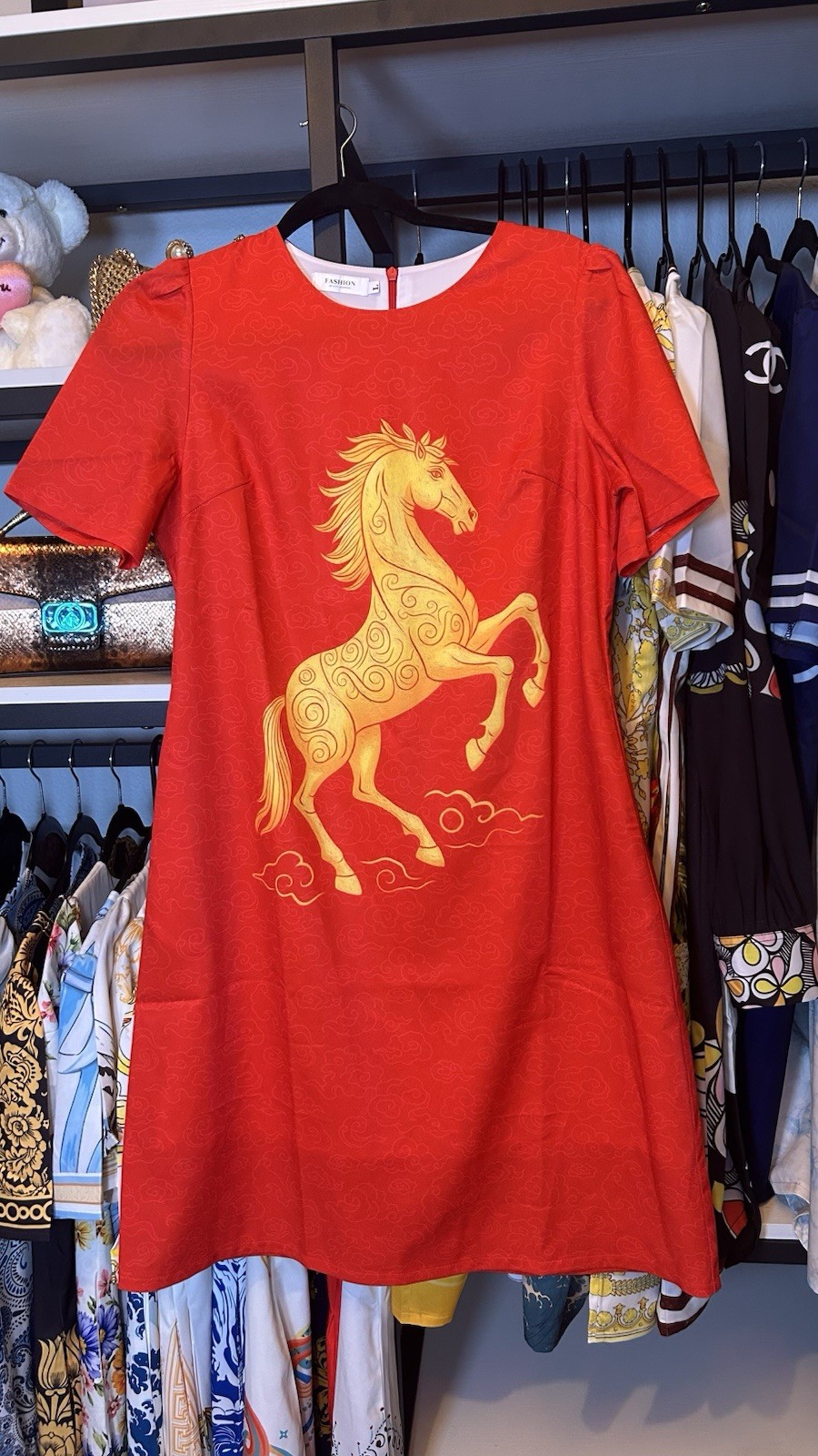 Women’s Red/Gold Shift Dress Horse Graphic