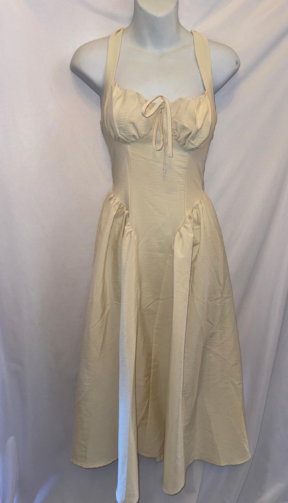 Shein NWT Cream Midi Halter Dress SZ 2 Structured Bodice 33in Skirt Front Tie
