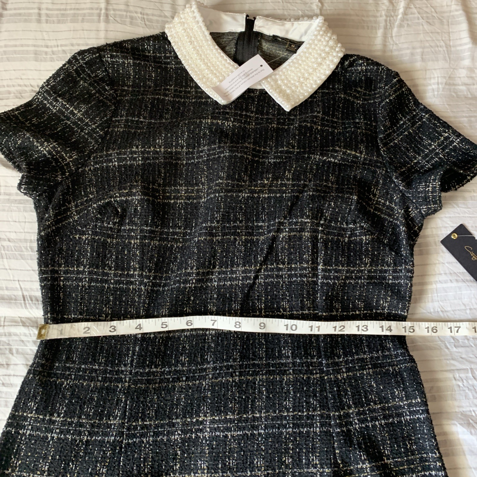 New CITY TRIANGLES Medium Plaid Black Tweed Short Dress Tinsel Pearl Collar CUTE