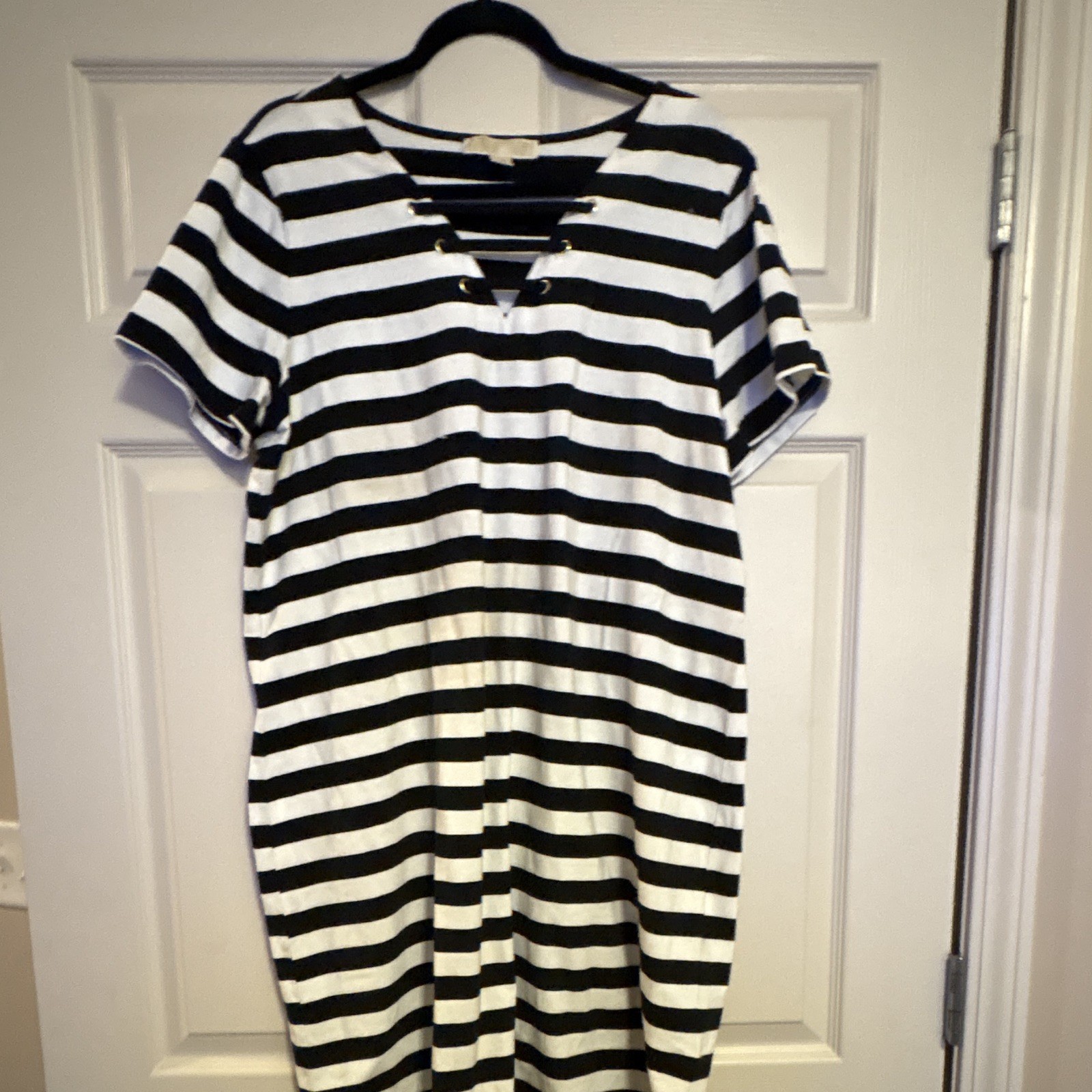 Michael Michael Kors Black White Striped V-Neck T-Shirt Dress Eyelet 1X