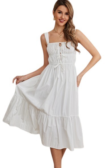 Boho White Midi Dress L Corset Tie Smocked Casual Summer Dress USA Seller