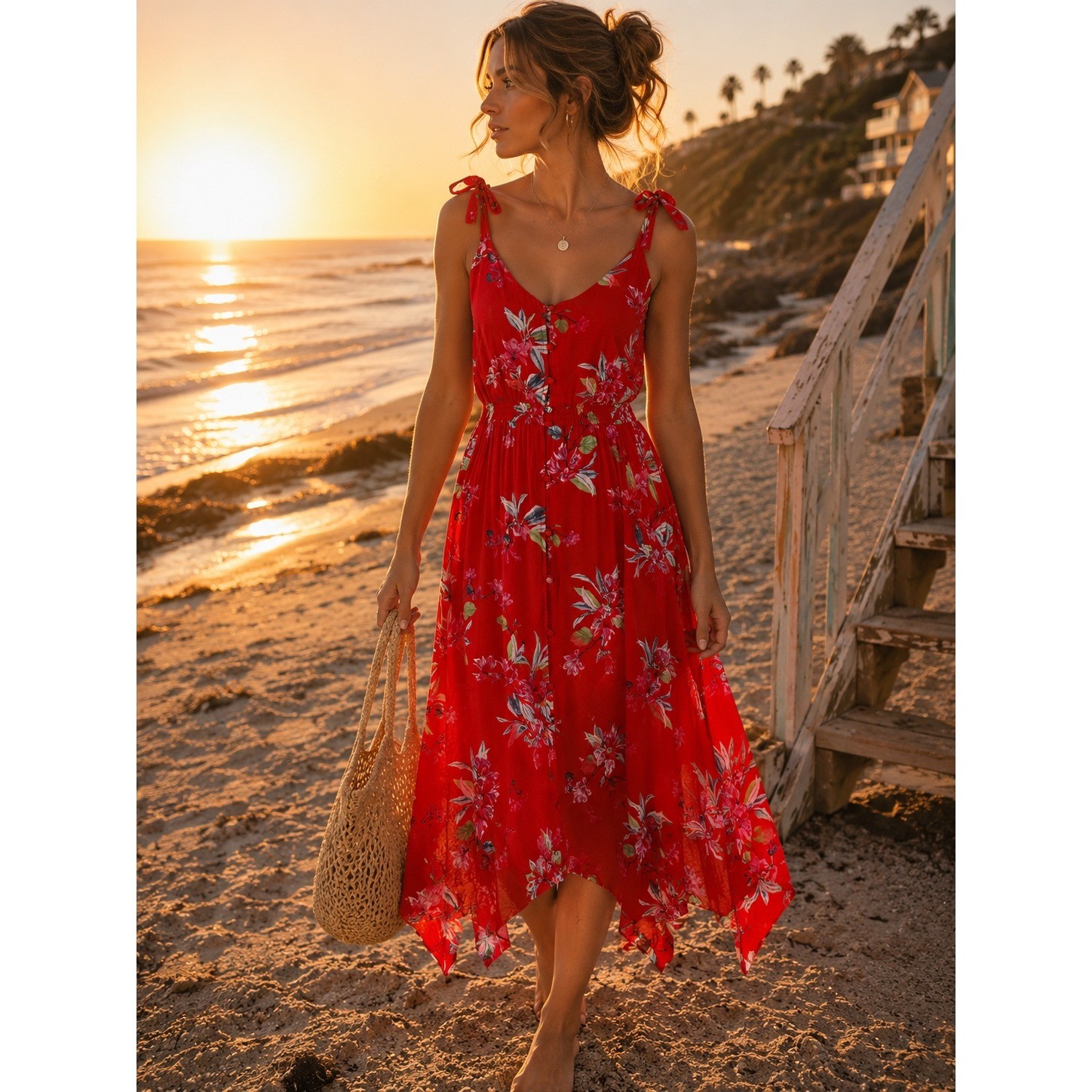 Lucky Brand Red Floral Sundress Boho Midi Dress Tie Strap Button Front Detail XS