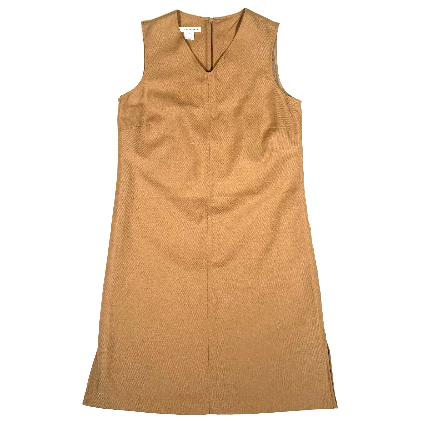 J London 100% Wool + Lined Size 8 Sleeveless Tan Dress V Neck Soft Stylish