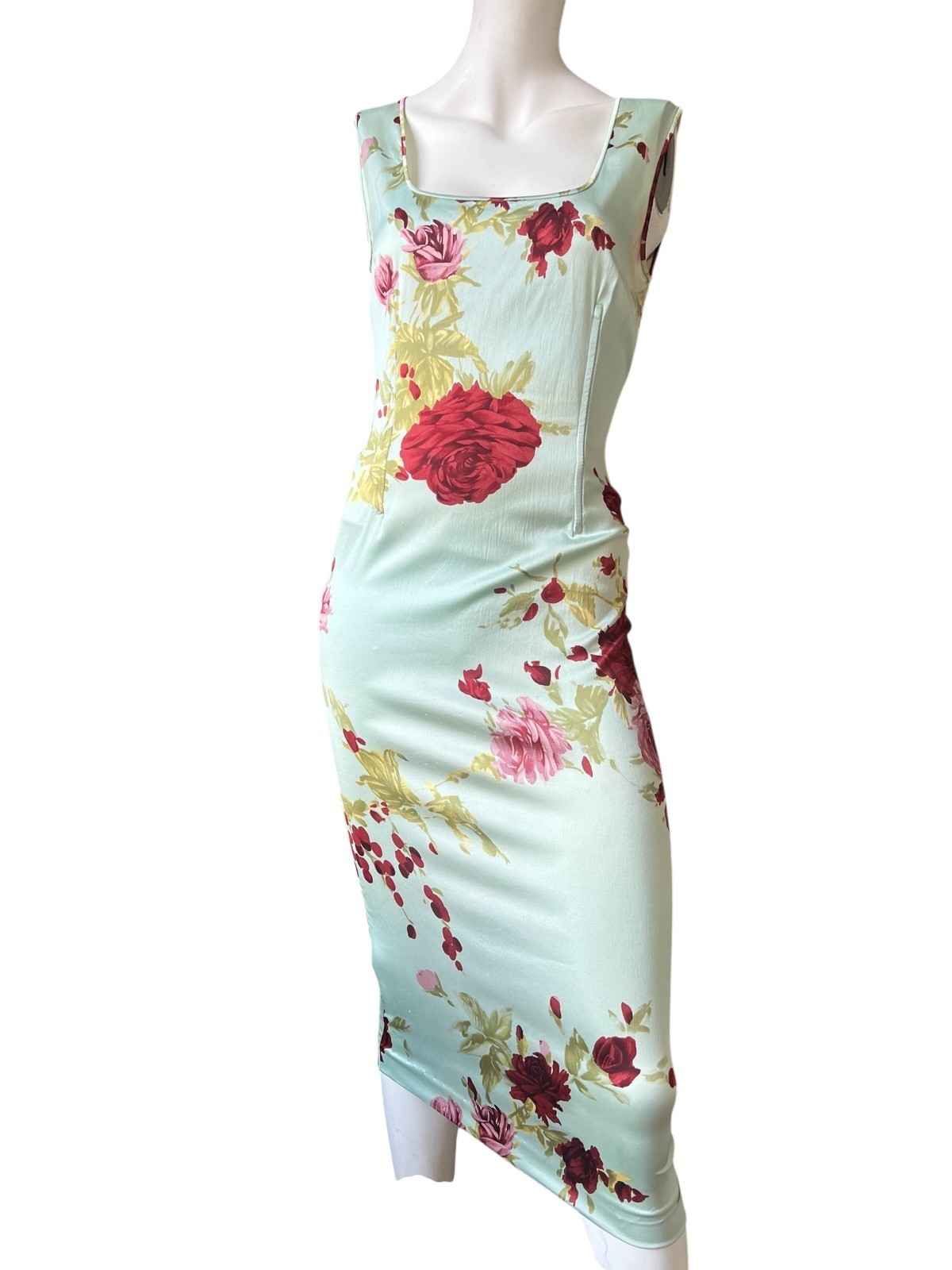 DOLCE & GABBANA 90s Vintage Boned Corset Slip Silk Floral Blue Dress