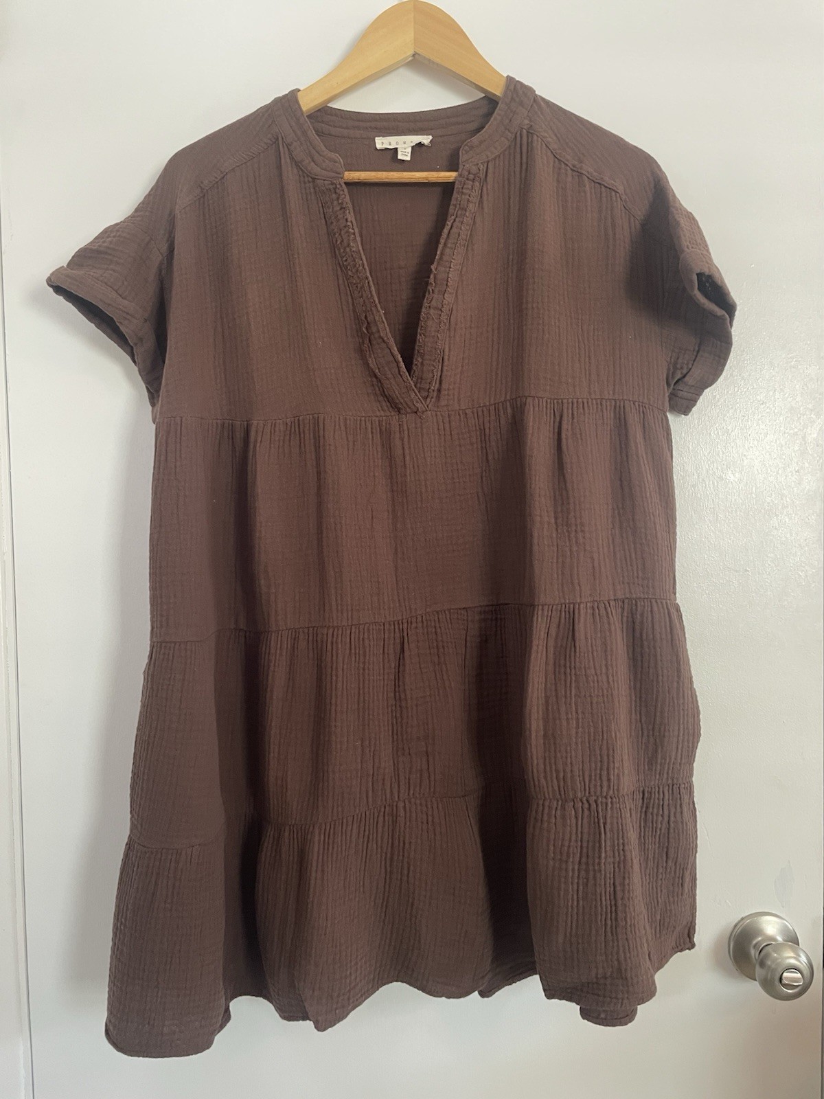Promesa Mini Dress Crinkle Cotton Brown Women Small Pockets Short Sleeve