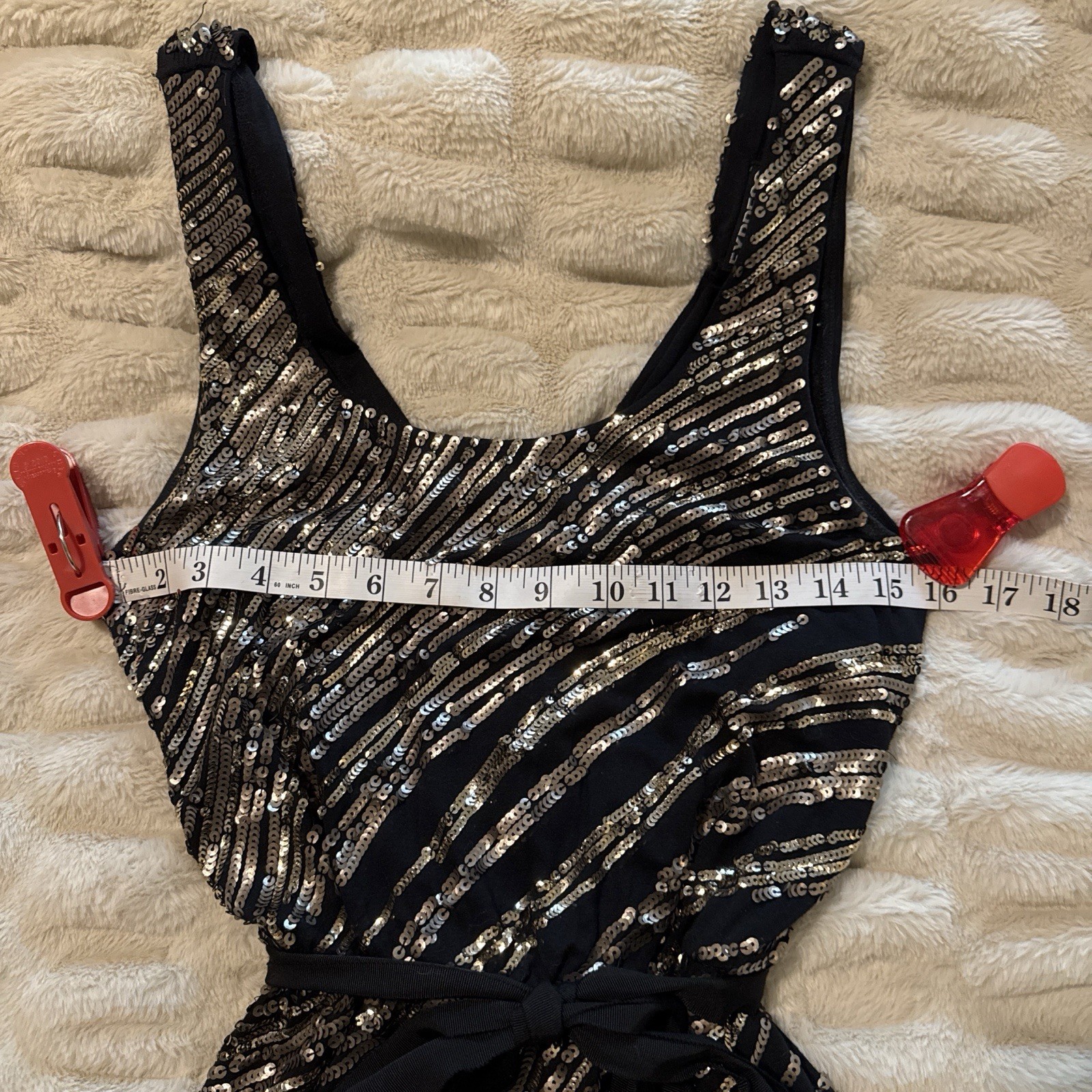 Express Black Gold Sequin Midi Dress Deep V Open Back Satin Belt Size Small