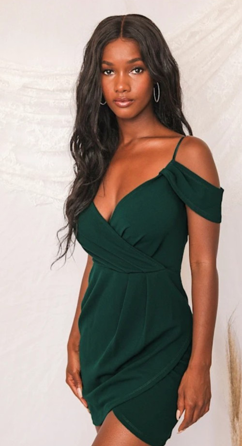 Lulus “Love So Sweet” Hunter Green Off Shoulder Pleated Bodycon Mini Dress S NWT