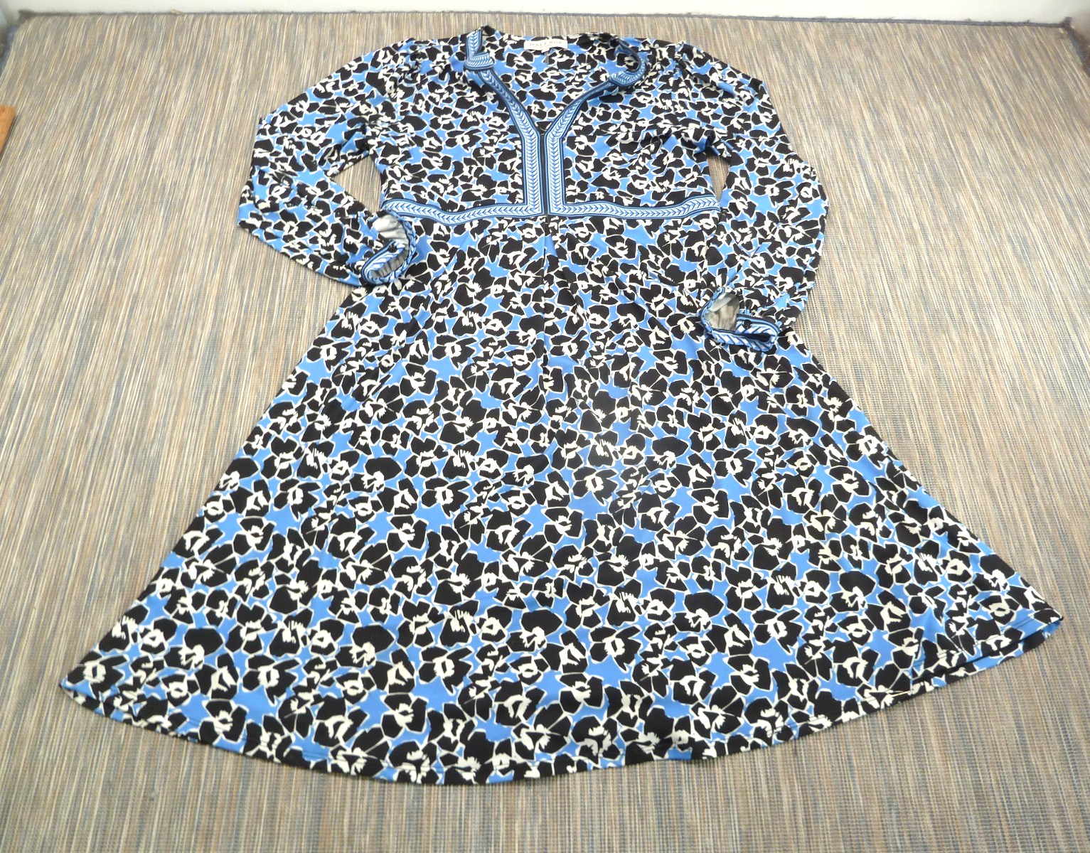 Hale Bob Dress Womens Large Blue Black Floral Long Sleeve Tunic Boho LA